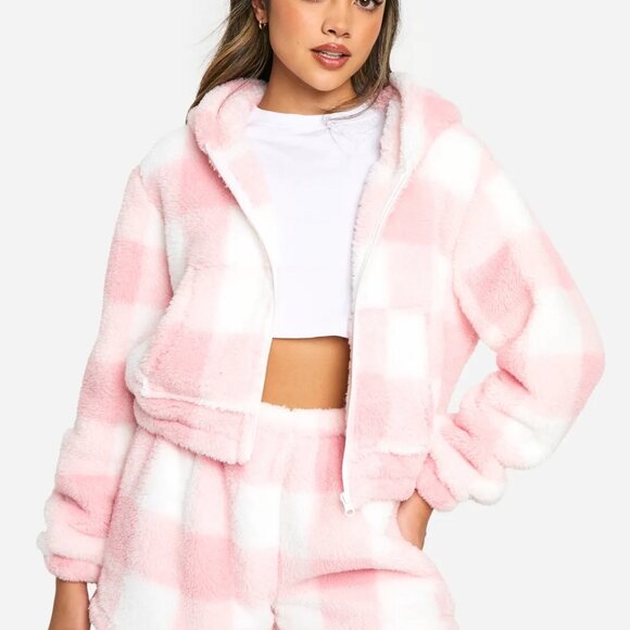 New Boohoo Pink and White Sherpa Teddy Fleece Checkered Zip Jacket Hoodie ONLY - Picture 2 of 4